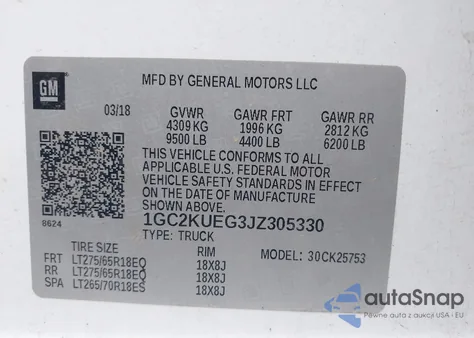 2018 Chevrolet Silverado Wt z USA, uszkodzony, nr VIN 1GC2KUEG3JZ305330